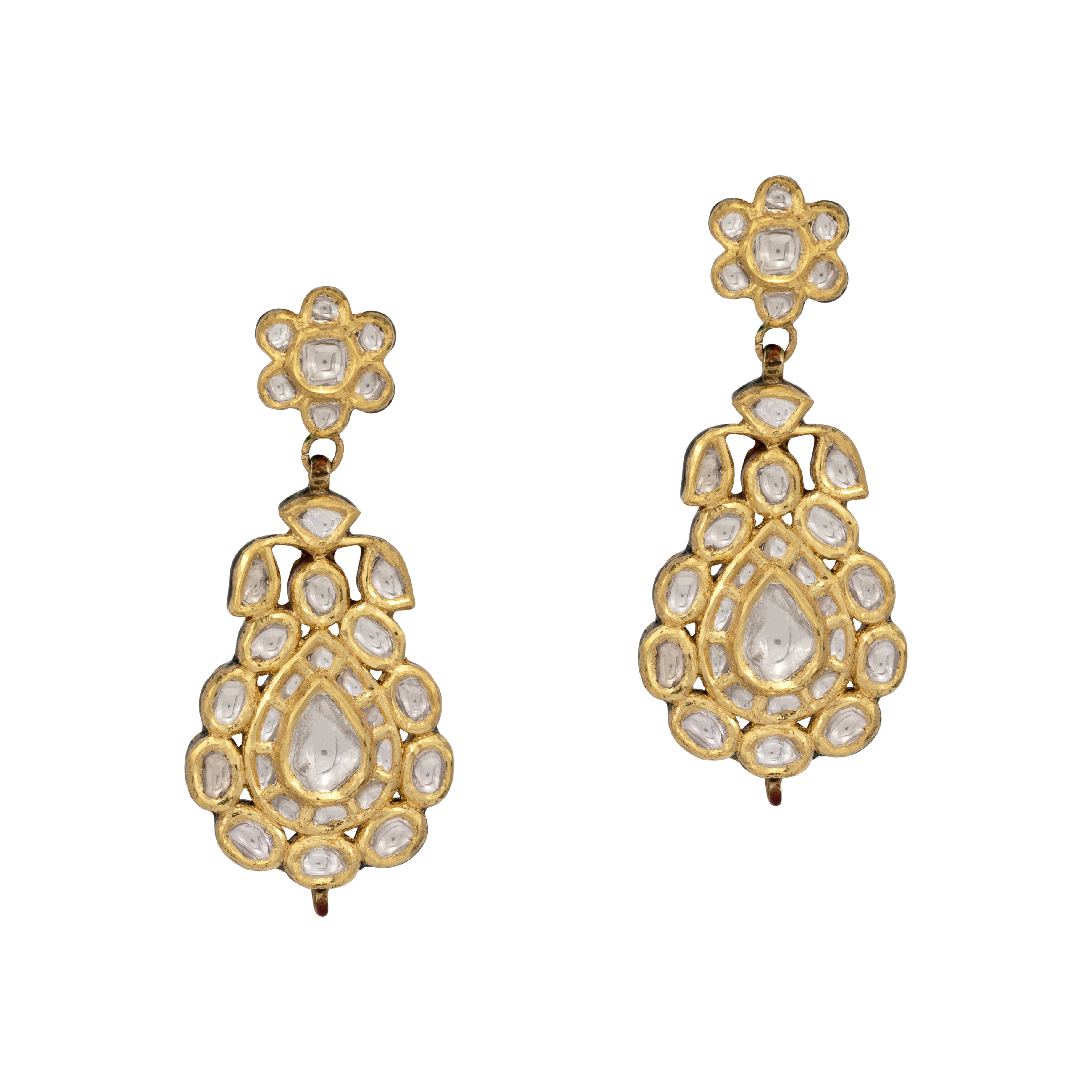 Teardrop Polki Earrings with Floral Gold Accents